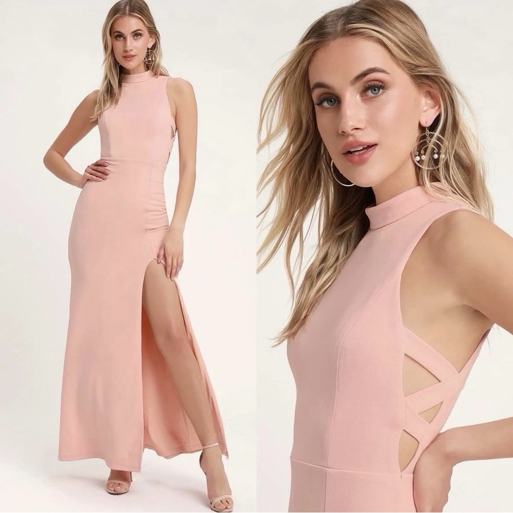 Lulus Light Pink Mock Neck Cutout Maxi Side Slit Mermaid Dress size L Large